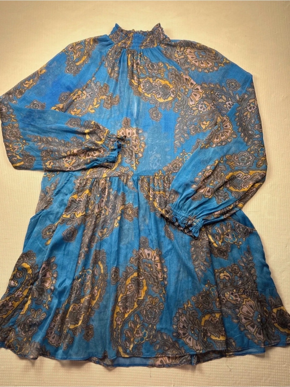 Free People Blue Paisley Long-Sleeve Smocked Neck Dress